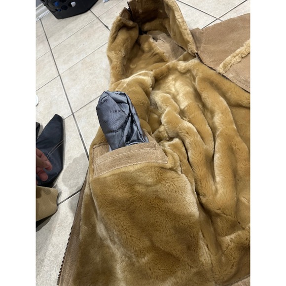 Baby Phat Tan Suede Faux Fur Shearling Jacket Zip Split Hood Vintage Y2K Womens - Picture 5 of 6